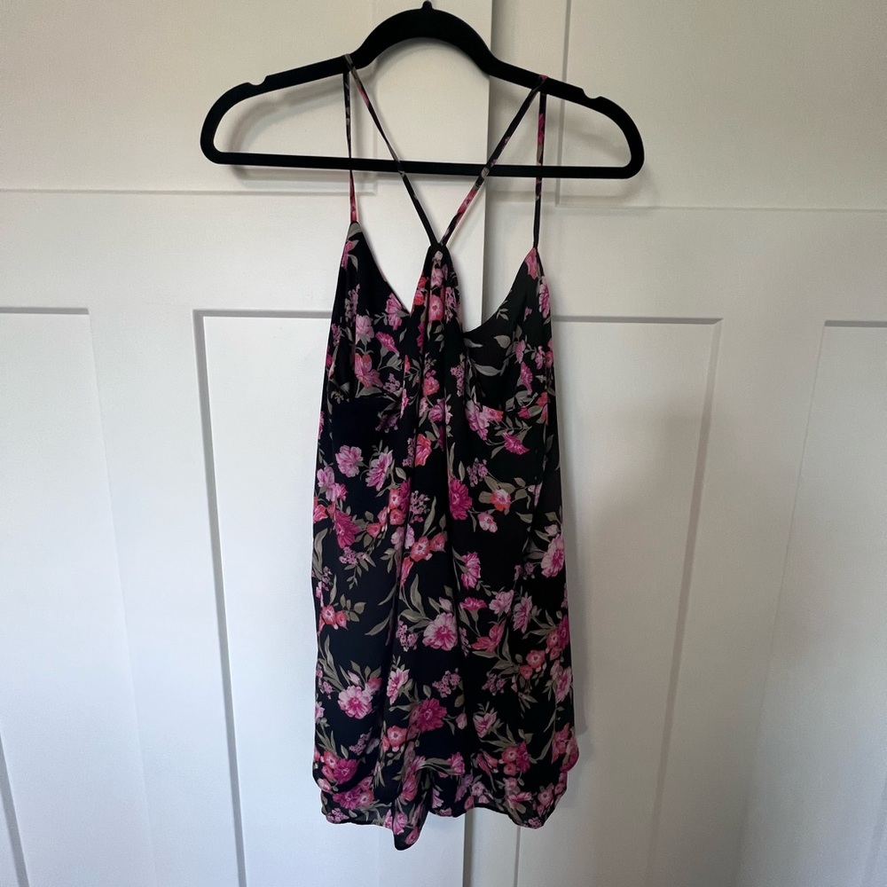 Black Floral Spaghetti Strap Cross Back Mini Dress - Picture 2 of 6